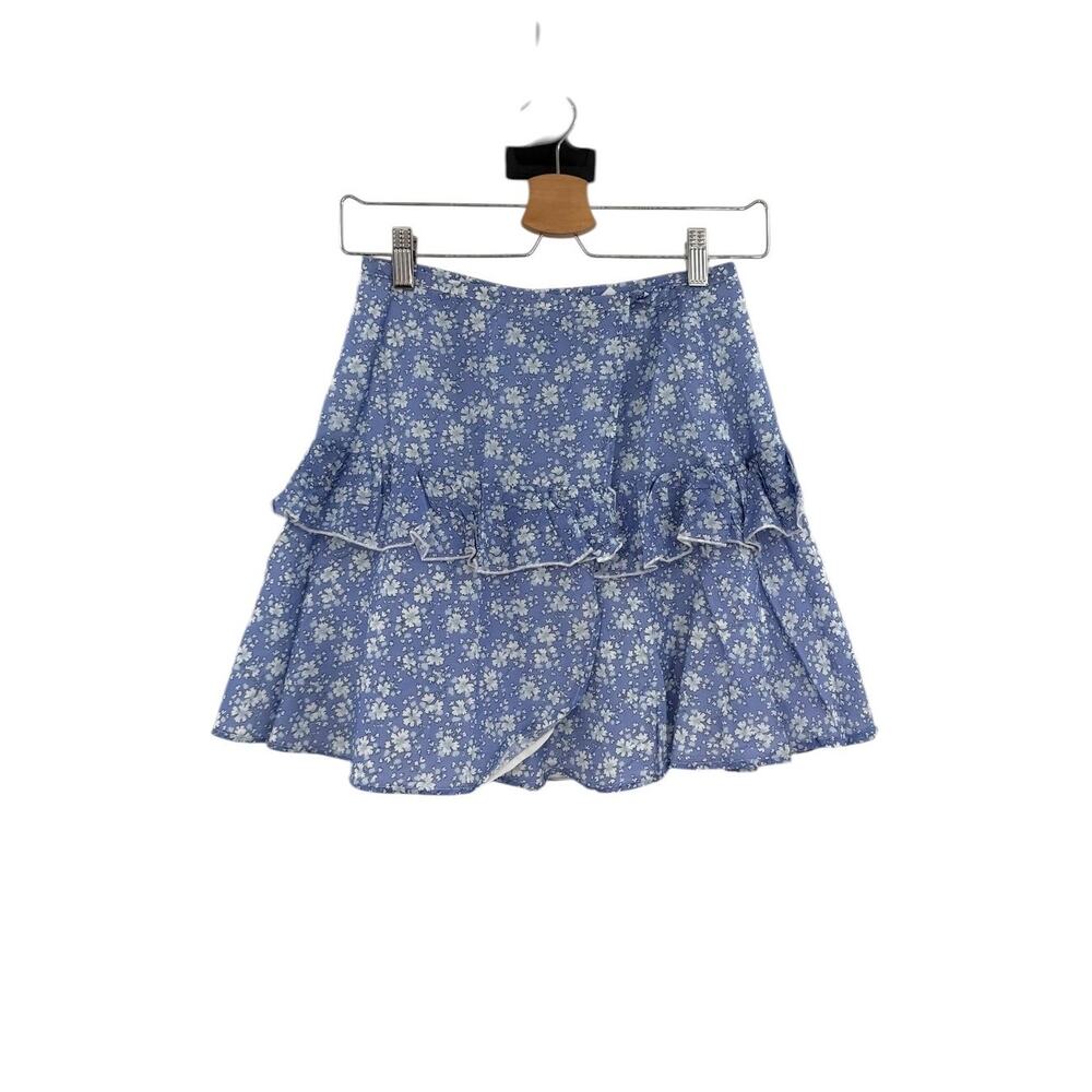 Kisuii Floral Ruffle Mini Skirt Blue Silk Blend Tiered Womens‎ XS Boho